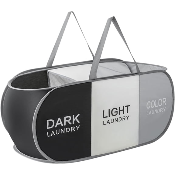 Collapsible Laundry Basket Durable Pop Up Hamper with 3 Compartments for Sort and Storage, Portable Dirty Clothes Hamper for Dorm, Laundry Room or Travel (Black Grey Begie)