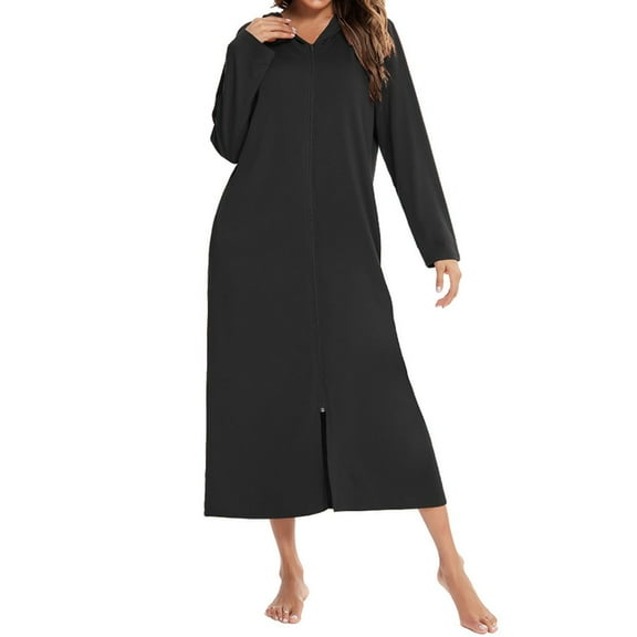 SWSMCLT Women's Long Sleeve Robe Long House Coat Zip Up Sleeping Winter Warm Cotton Spa Hooded Zipper Bathrobe Black X-Large