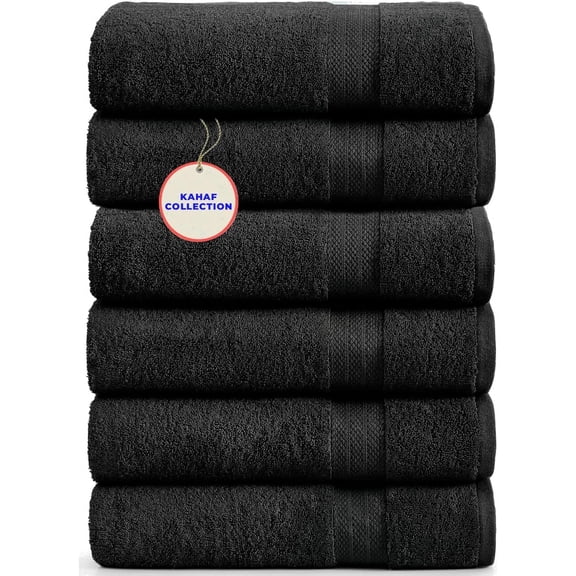 KAHAF COLLECTION 100% Cotton Bath Towels, 24x48 Pack of 6 Towels, Quick Dry, Highly Absorbent, Soft Feel Towel, Gym, Spa, Bathroom, Shower, Pool, Luxury Soft Towels (Black, 24x48-6 Pack)