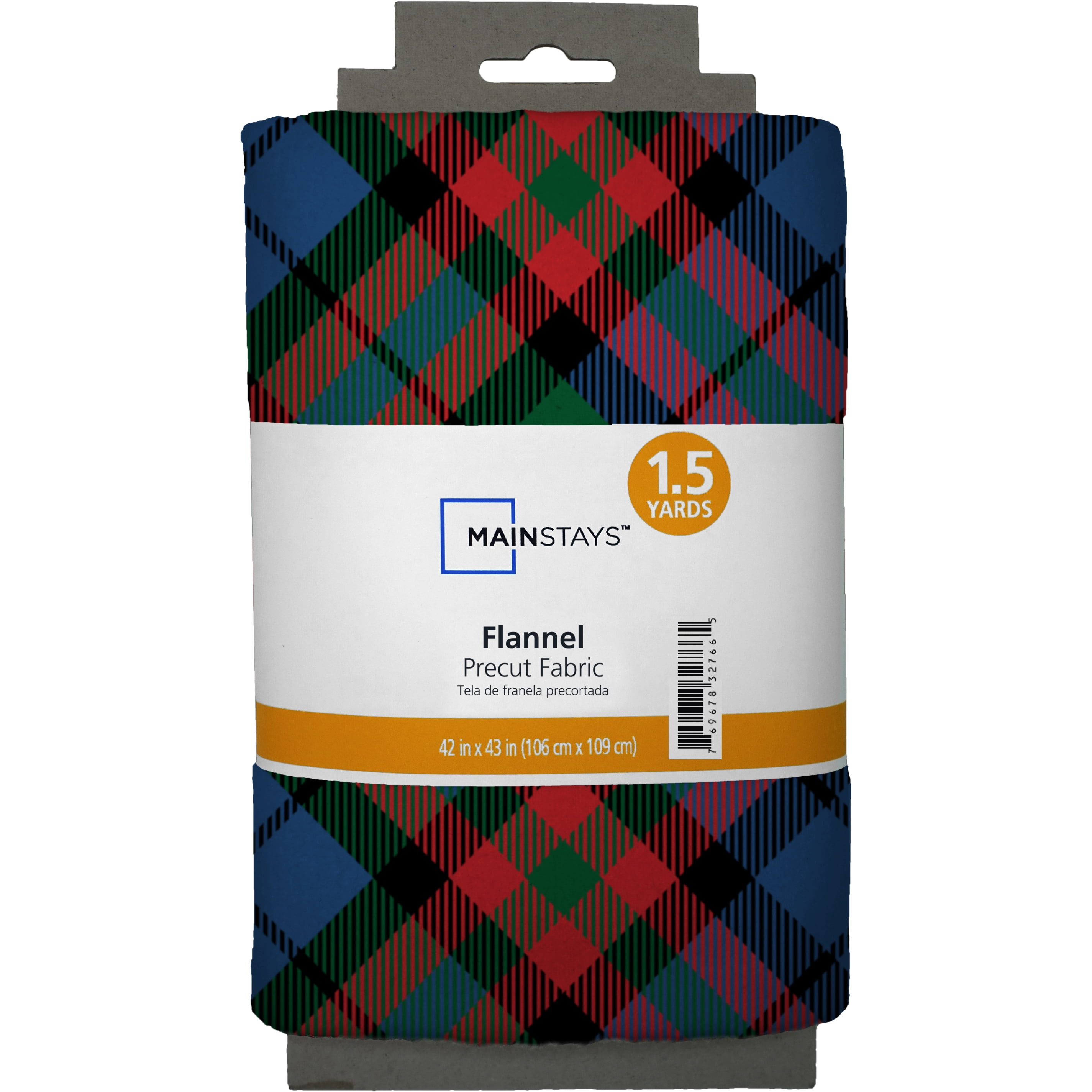Mainstays 1.5 Yards 100% Cotton Light-weight Flannel Plaid Check, Red, Blue, Green, 60" Wide for Crafts