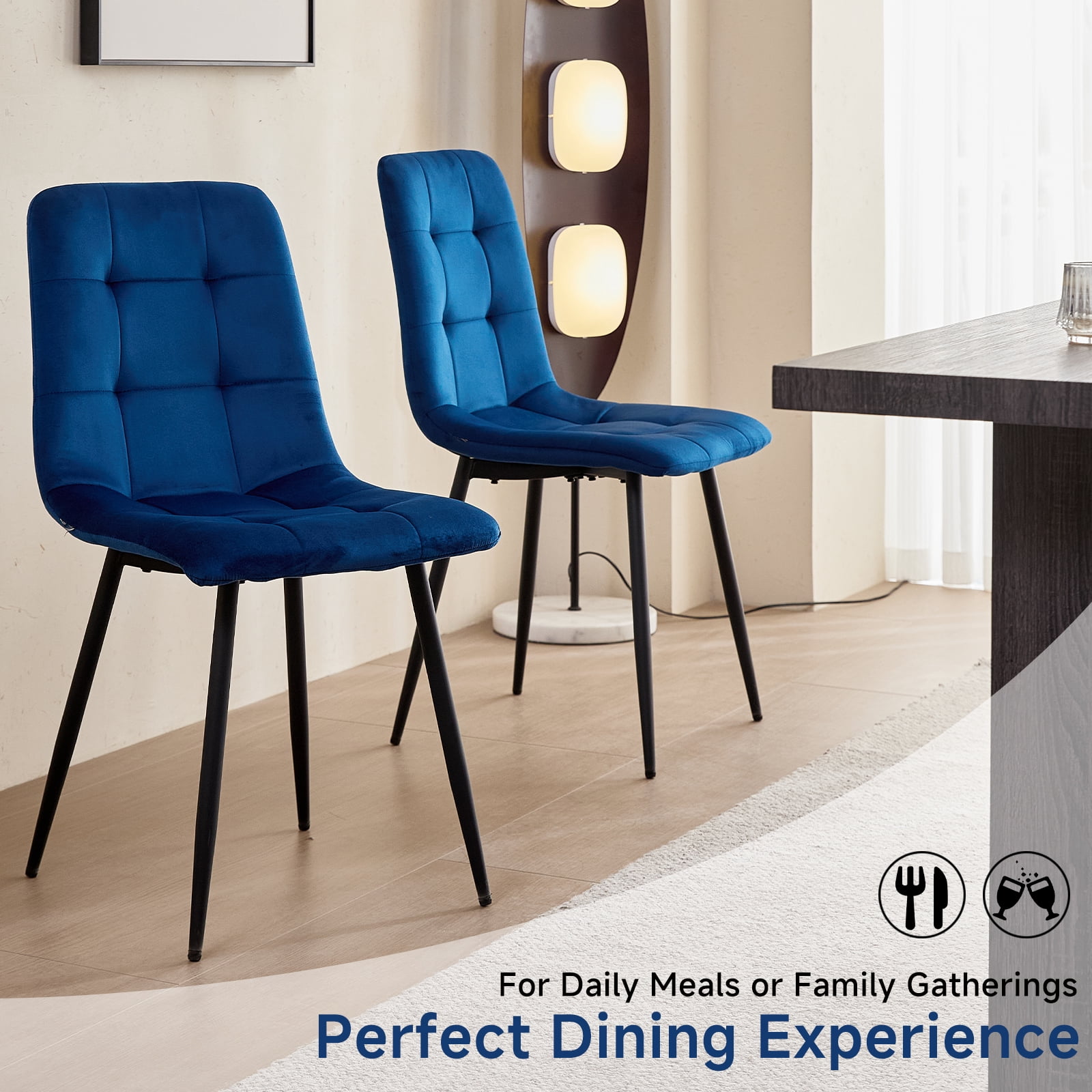 Set of 4 Velvet Dining Chairs - Mid Century Modern Dinning Chair, Upholstered Cushion Seat, Square-Patterned Backrest, Blue, Dinner Chairs with Metal Legs for Dining Living Room, Bedroom(Only Chairs)
