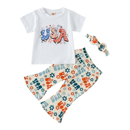 

Bagilaanoe 4th of July Clothes for Toddler Baby Girls Short Sleeve Letter Print T-Shirts Tops + Floral Flared Trousers + Headband 6M 12M 18M 24M 3T 4T Kids Independence Day Outfits 3pcs Long Pants Set