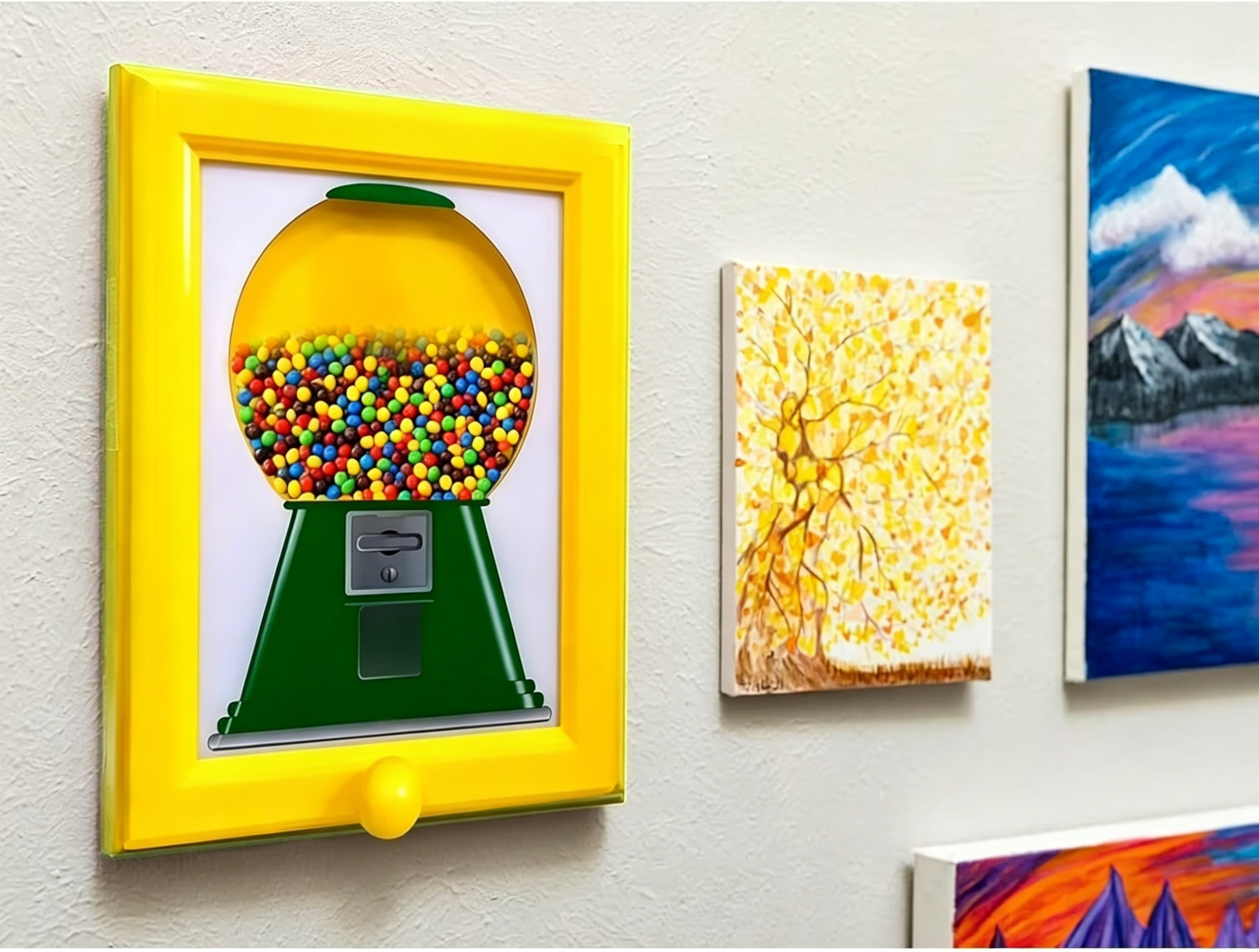 Candy Dispenser Picture Hanging Candy Frame, Gumball Machine In A Frame, Handy Fast Distribution Candies, Nuts, Dog & Cat Treats, Suitable For Birthday & Holiday Gifts (Yellow)