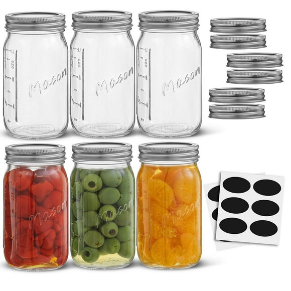 Pots Mason Réguliers avec Couvercles Hermétiques, Étiquettes et Mesures - 16 oz - Ensemble de 6