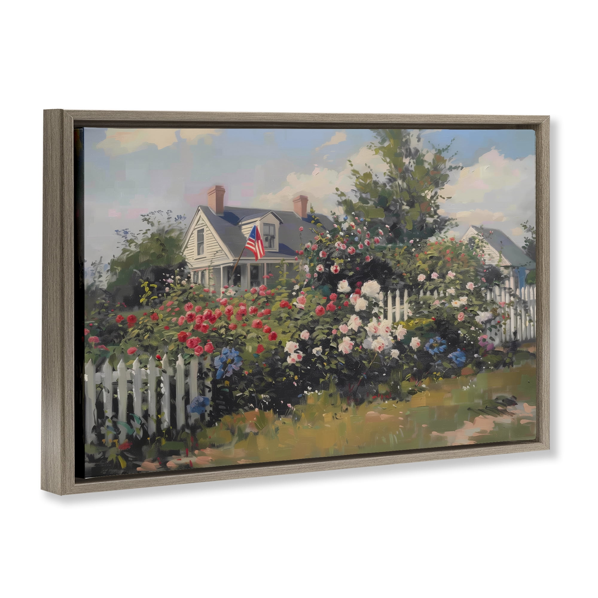 Stupell Industries Patriotic Cottage Garden Landscape & Nature Painting Brown Floater Framed Canvas Art Print Wall Art, 25 x 17