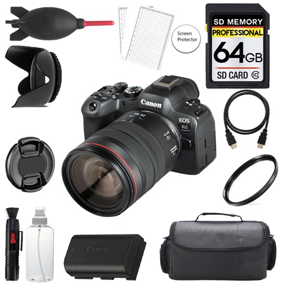Canon EOS R6 II Mark II Mirrorless Camera w/ 24-105mm IS USM f/4 Lens   64GB   Bag  UV Filter- Basic Kit