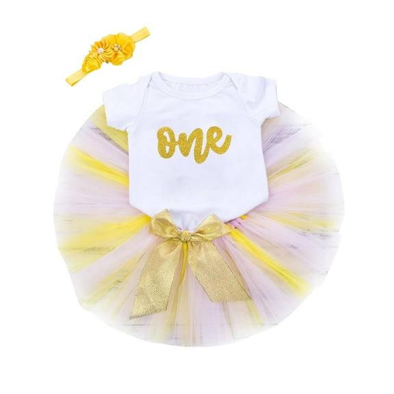 KyCheLot 0-18 Months Girl Birthday Outfit Short Sleeve Romper and Tulle Skirts with Headband My 1st Birthday Set