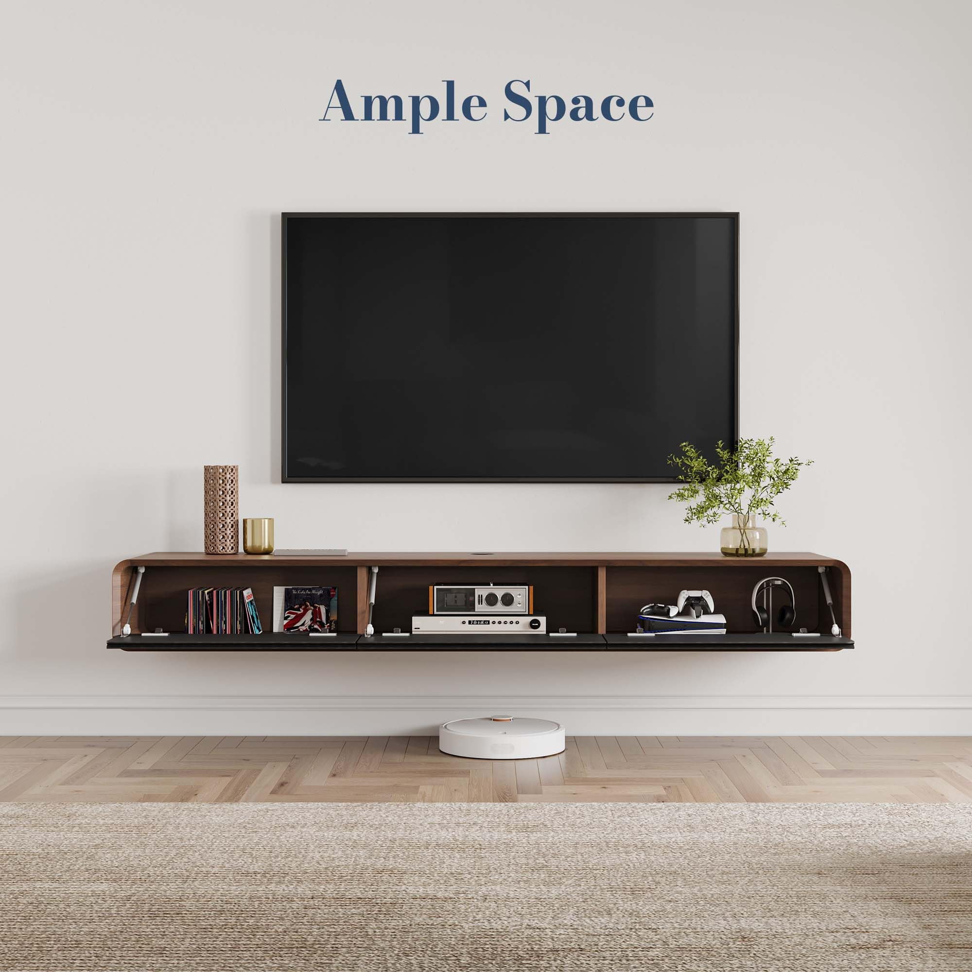 POVISON 63" Minimalist Floating TV Stand for up to 50",Fully Assembled Modern Wall-Mounted Media Console with 3 Flip-Down Cabinet Doors,Walnut & Black