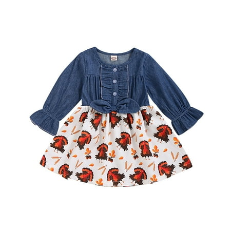 

NZRVAWS Baby Girls Dress 12 Months Girls Splice 18 Months Girls Turkey Print Dress For Thanksgiving Day 1PCS Dress Blue