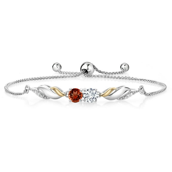 Gem Stone King 1.52 Ct E-F Lab Grown Diamond Red Garnet 925 Silver and 10K Yellow Gold Bracelet for Women