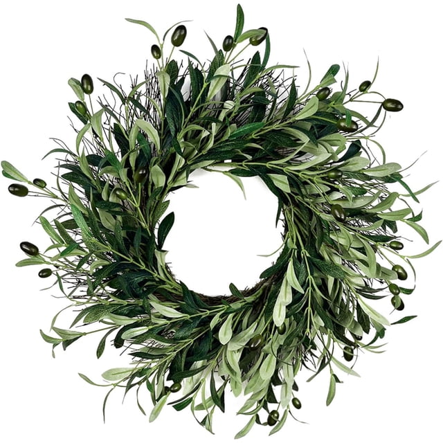 corona de olivo artificial de 17,7 pulgadas para puerta de entrada, corona verde con hojas de olivo — vista frontal centrada de corona redonda de 17,7 pulgadas con follaje denso de hojas de olivo en varios tonos de verde, pequeñas aceitunas decorativas y textura realista visible sobre fondo blanco; ideal para puerta, pared, espejo o ventana y decoración de temporada o bodas.