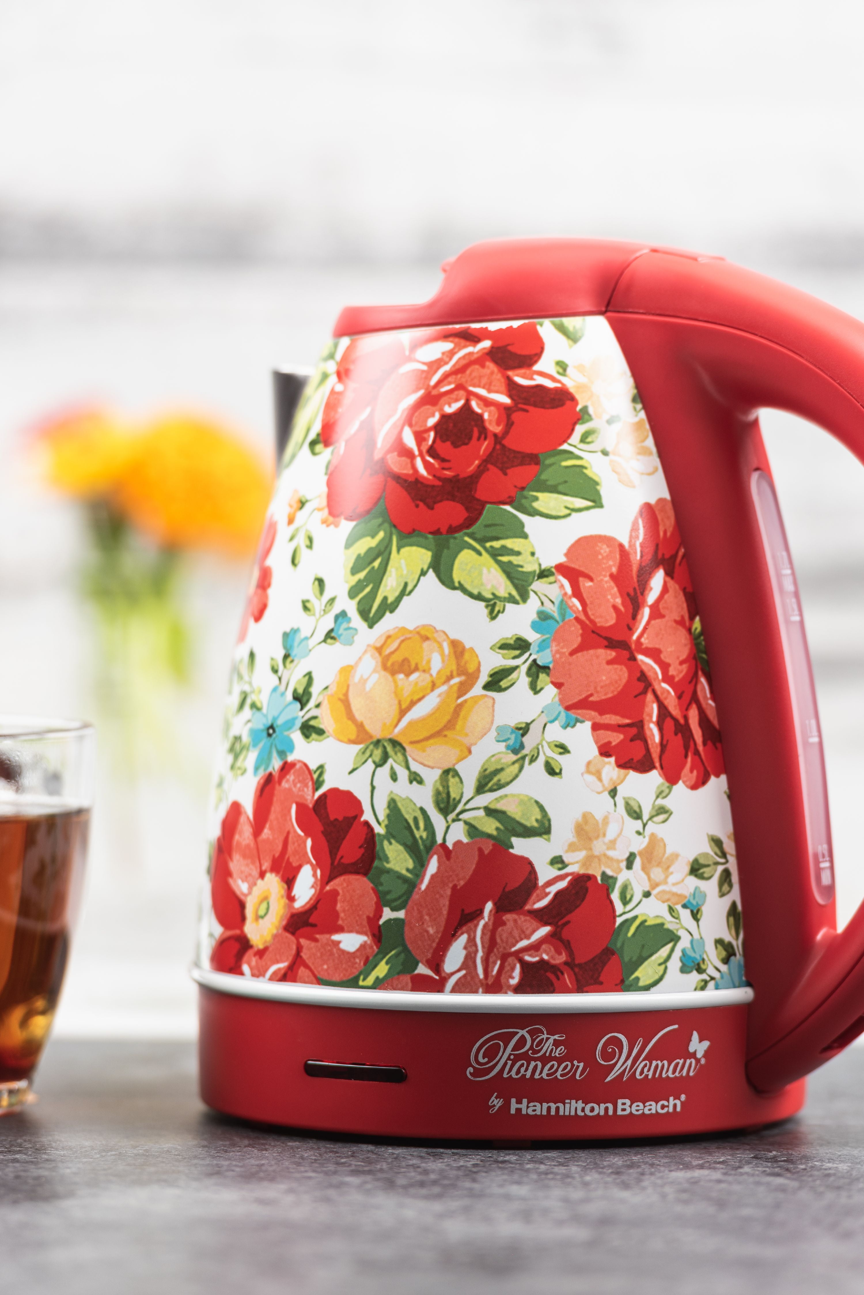 The Pioneer Woman 1.7 Liter Electric Kettle, Vintage Floral Red, 40970