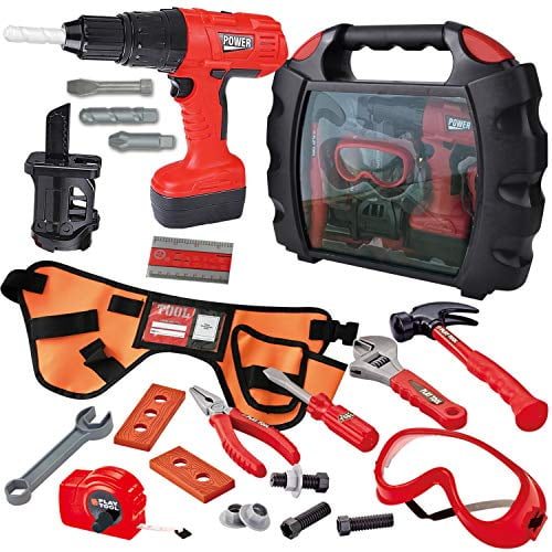 JOYIN 24 Pieces Kids Construction Tool Toy Kit Playset with Workshop Carry  Case, Construction Worker Costume Belt, Electric Toy Drill and Other 