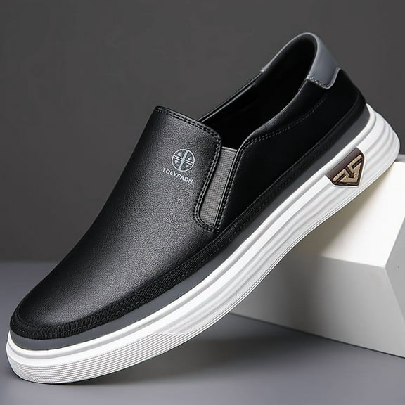 [Stylish Slip-On Loafers] Comfortable Men's Slip-On Loafers - Soft Upper, Non-Slip Rubber Sole, White with Brown & Golden Accents, Decorative Stitching,  Vacation, Dressy Shoes