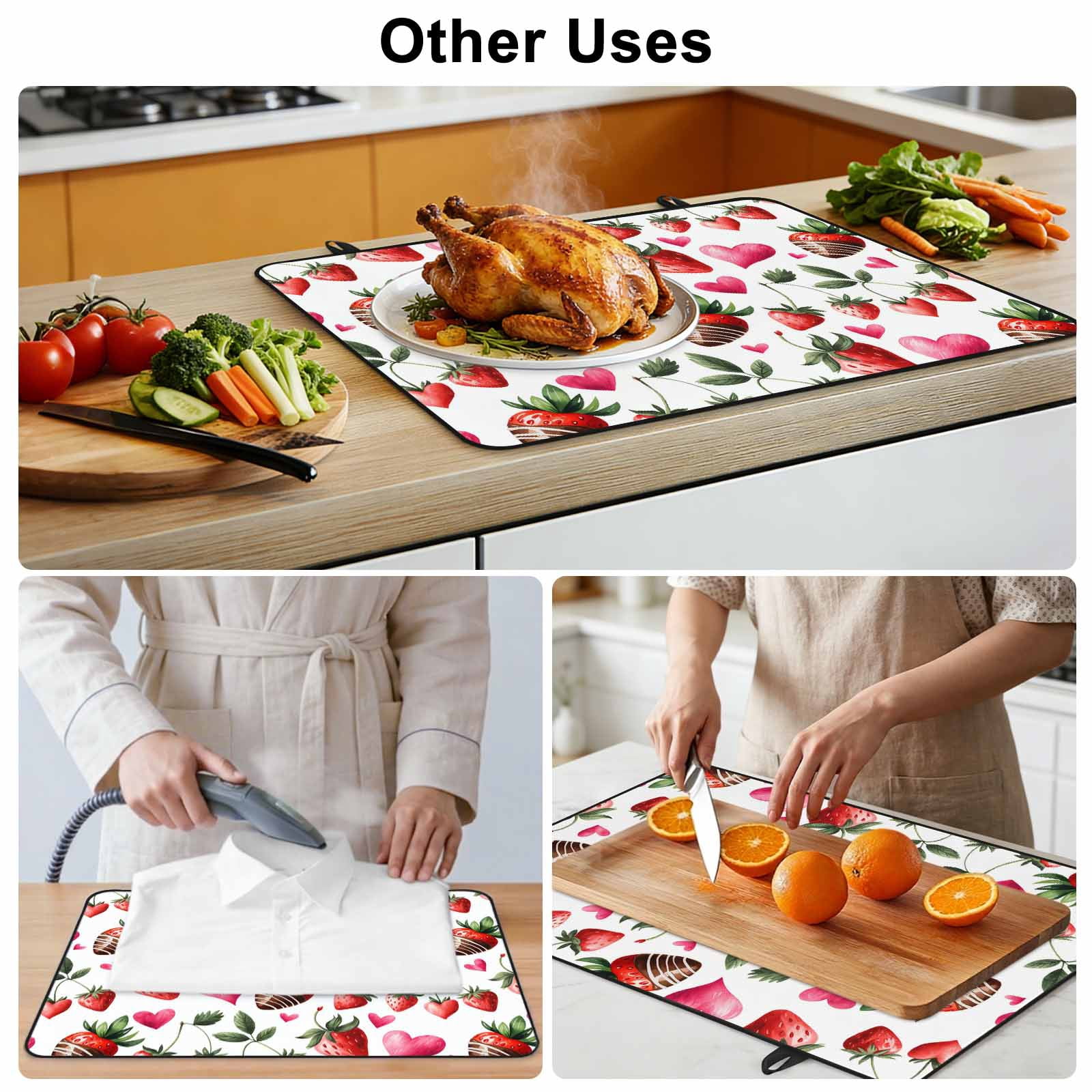 Red Strawberry Stove Top Cover for Electric Stove, Heat-proof & Non Slip Glass Top Stove Cover Protector, Flowers Pink Love Valentine's Day Kitchen Flat Cooktop Rubber Mat 24x21 Inches