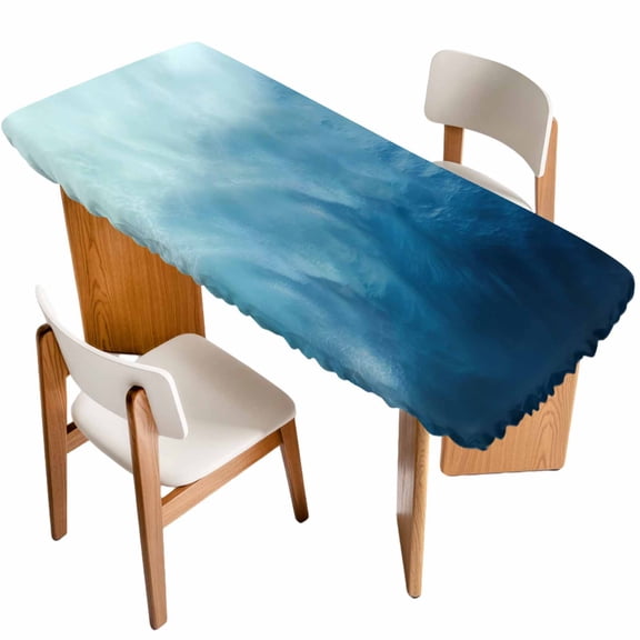 Blue Ombre Table Cloths for 8 Foot Rectangle Tables, Coastal Beach Modern Abstract Art Patio Waterproof Elastic Fitted Tablecloths, Washable Rectangular Table Cover for Camping