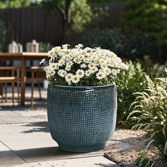 HJTERLuxenHome 12" Dia Large Ceramic Pots for Plants, Modern Green Glazed Planters for Outdoor Plants, Round Indoor Flower Pots with Drainage Hole and Rubber Plug for Home Garden Patio