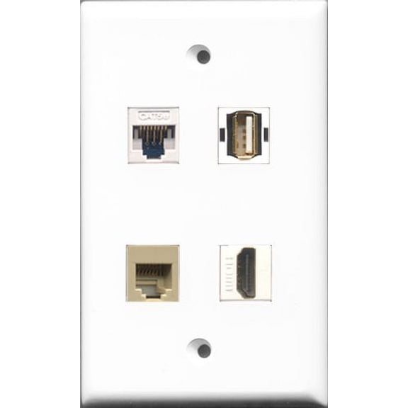 RiteAV 1 Port HDMI and 1 Port USB A-A and 1 Port Phone RJ11 RJ12 Beige and 1 Port Cat5e Ethernet White Wall Plate