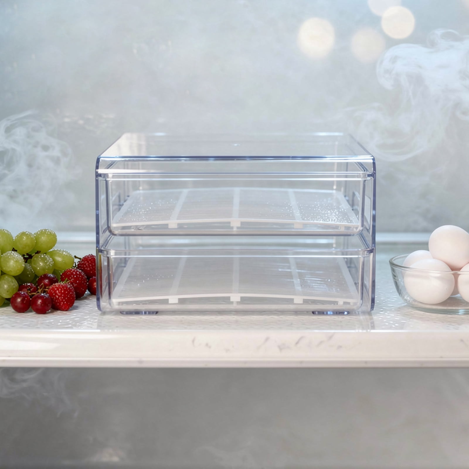 Double Layer Refrigerator Organizer,Stackable Clear Bin with Drain Tray & Dividers,9.7x8.4x5.6 Inch, for Fruits, Vegetables,Eggs,Refrigerator Storage