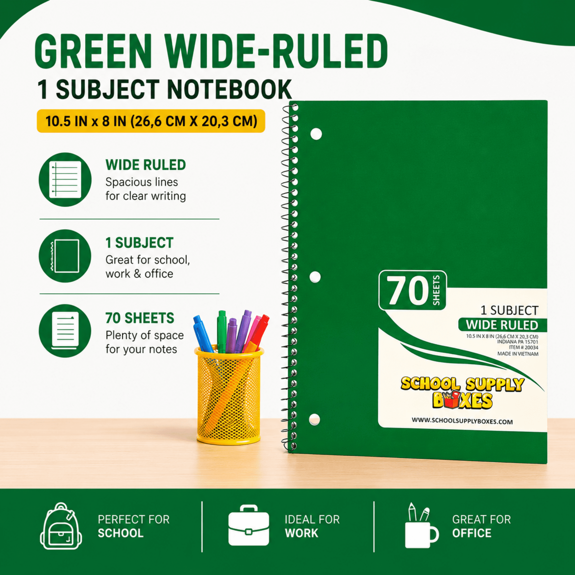School Supply Boxes | (Green) Wide-Ruled 1 Subject Notebooks | 48 Pack | 10.5 IN x 8 IN (70 Sheets) Notebooks for School, Work & Office
