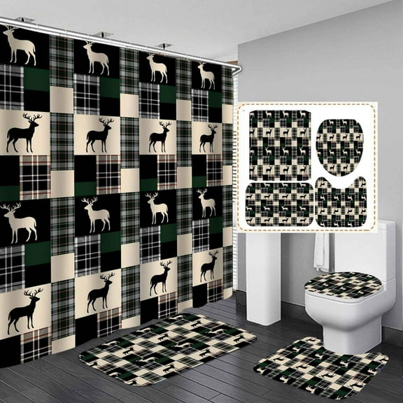 4PCS Funny Deer Shower Curtain Set, Waterproof Fabric Grey Shower Curtain, Non-Slip Bath Mat Bathroom Rugs, Fun Animal Wildlife Elk Moose Reading Newspaper Modern Teen Boys Men Bathroom Decor