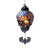 Stained Glass Skull Hanging Light Fixture with Bat Pendant Unique Gothic Decor for Home Bar Party Indoor Outdoor Use