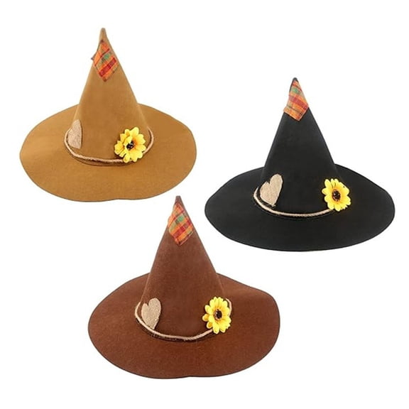 Cutuoiiu Women's Halloween Party Accessory Solid Color Retro Witch Hat Sunflower and Plaid Patch Decor Wide Brim Pointed Hat for Halloween Dress‑Up Theme Events
