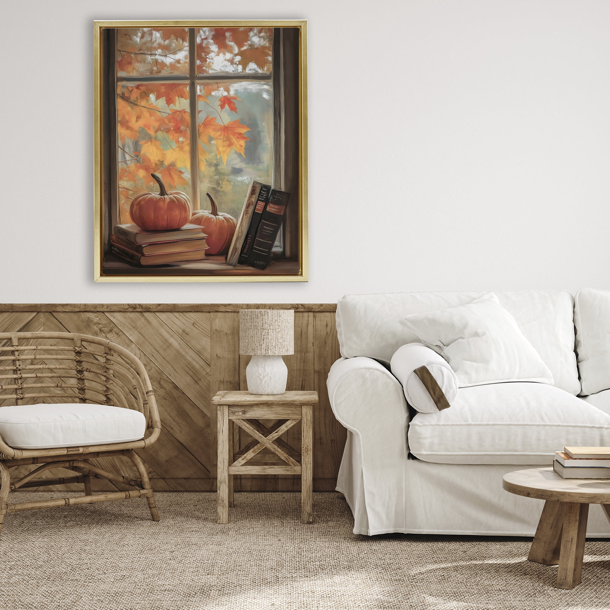 Cozy Fall Window Books Gold Framed Floater Canvas Wall Art, design by Arlington Prints
