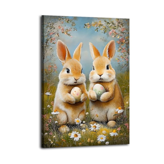 Larbulse  Two Cute Bunnies Hold Easter Eggs Canvas Wall Art Home Decor Poster Vintage Funny Print Picture Abstract Bedroom Living Room Kitchen Posters Decor,