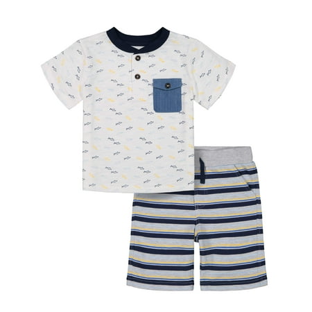 Wonder Nation Fish Print Pocket Raglan T-shirt & Stripe Drawstring French Terry Short, 2pc Outfit Set (Toddler Boys)