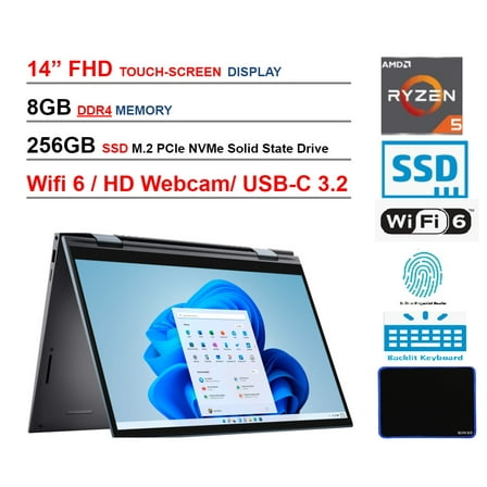 Dell Inspiron 7000 2-in-1 / 14" FHD Touch-Screen Laptop/ AMD Ryzen 5 5500U/ 8GB DDR4/ 256GB SSD/ Webcam/ WiFi 6/ Bluetooth/ Win 11 with UltraTech Mouse Pad Bundled - Blue
