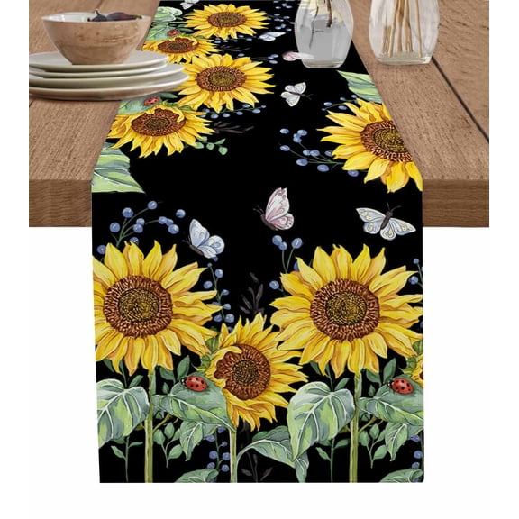 Sunflower Table Runner 72 Inches, Summer Watercolor Butterfly Botanical Bed Runner Dresser Scarves Tabletop for Indoor Outdoor Parties/Ceremony/Banquet, 14" x 72"