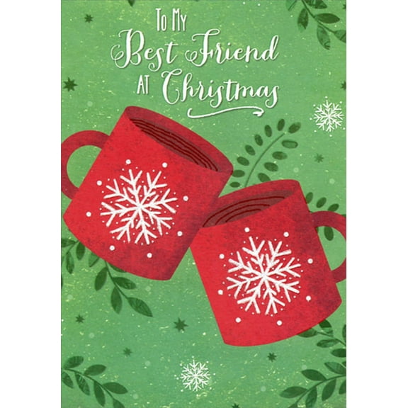 Designer Greetings Two Red Mugs with Snowflakes on Green Background Best Friend Christmas Card