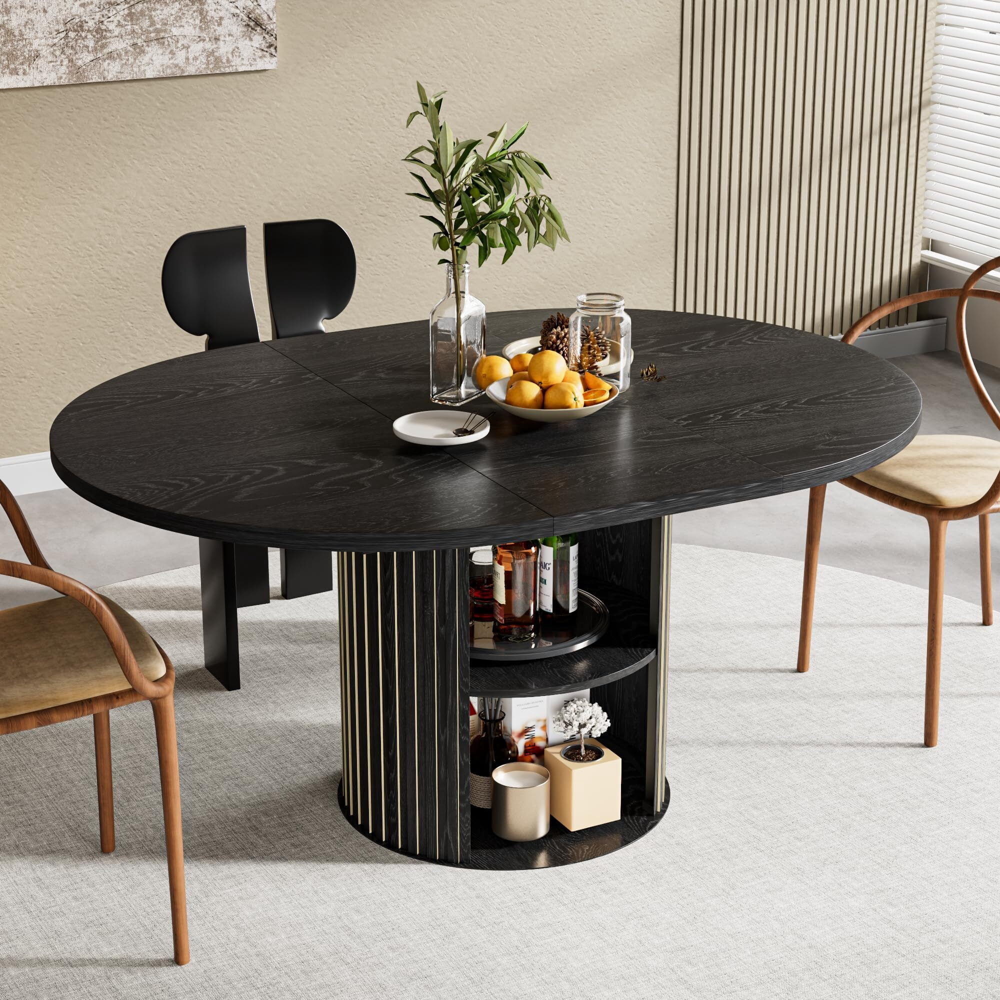 Fsbecl 43.3"-59" Extendable Wooden Round Dining Table for 4-6 with 2-Tier Storage Shelf, Black