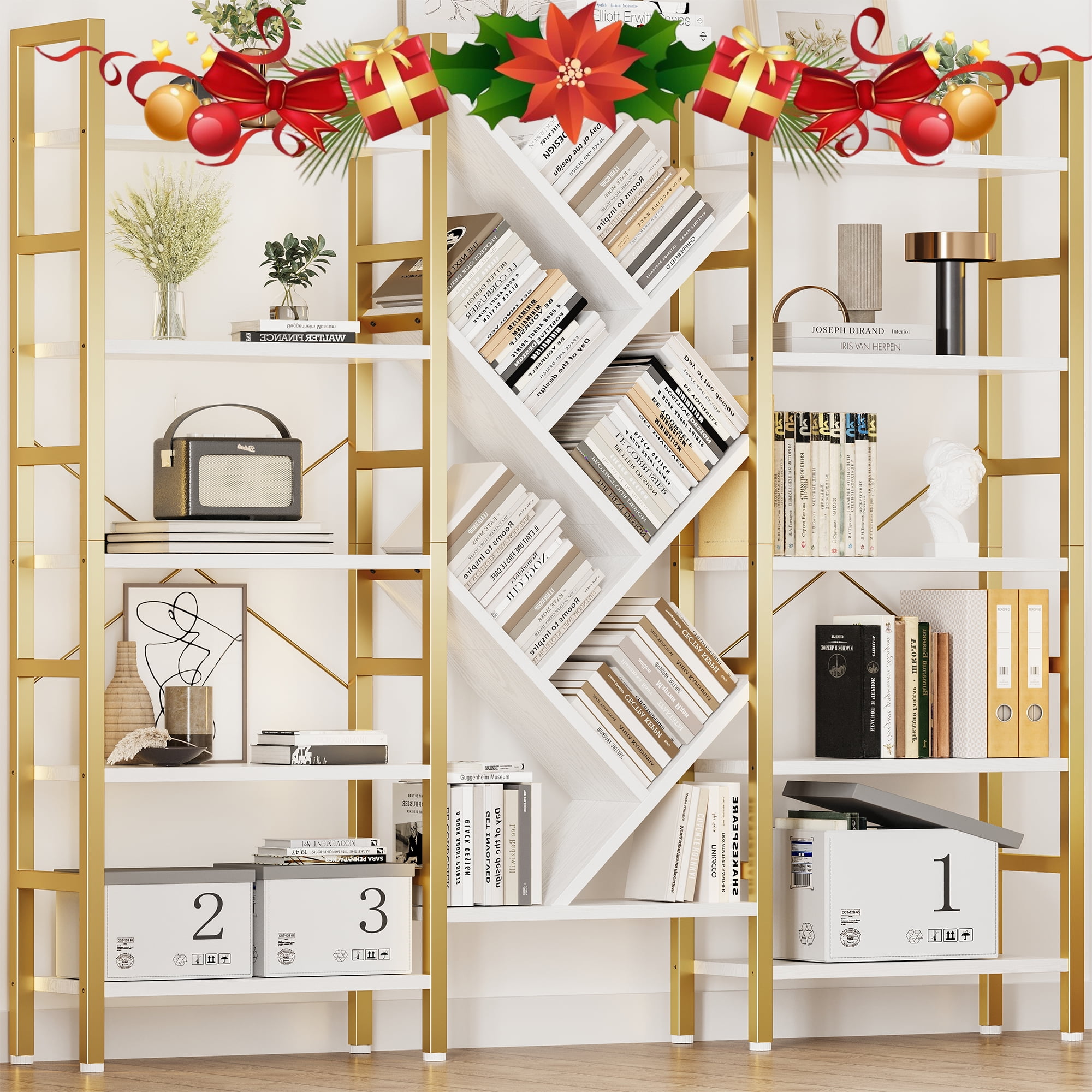 Triple 5 Tier Bookshelf, Large Wooden Bookcase with 17 Open Display Shelves, Modern Tree Book Shelf Metal Frame Tall Bookshelves Furniture for Living Room Bedroom Home Office Rustic Brown