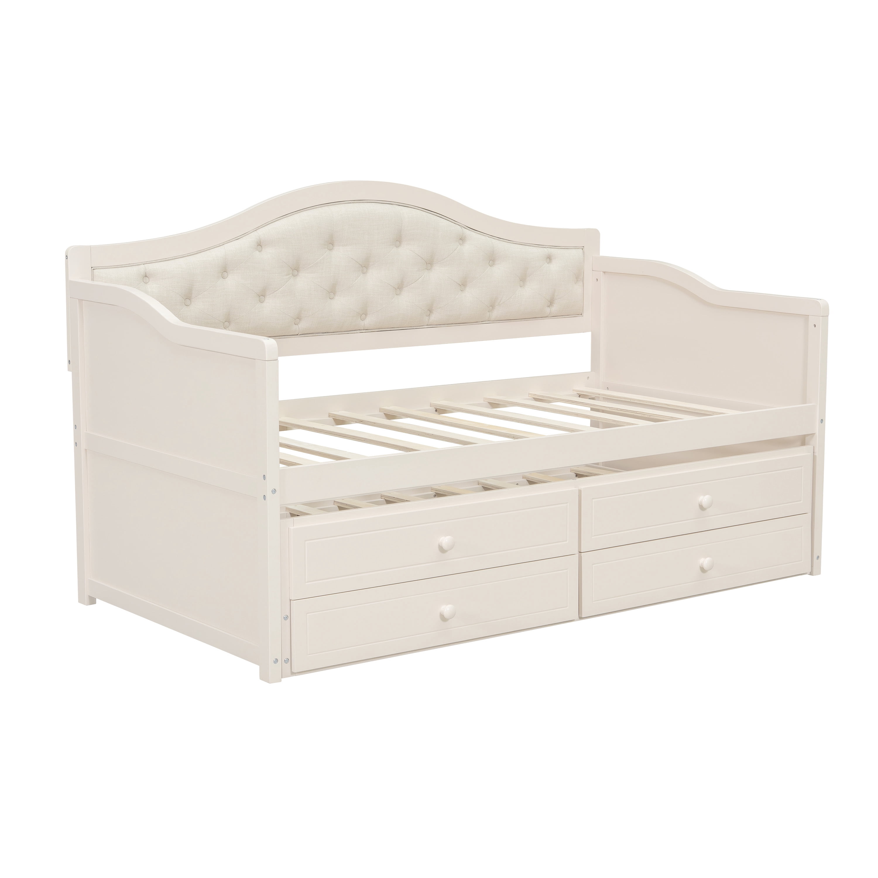 Euroco Wood Twin Size Daybed with Trundle and Drawers, Sofa Bed with Upholstered Backrest, Beige