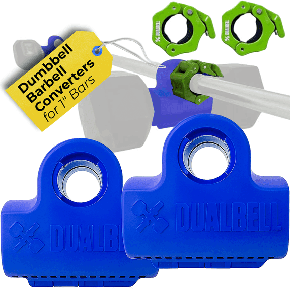 Dualbell Dumbbell to Barbell Converters, Convert Dumbbells to Barbell – for 1" Standard Bars, Versatile & Up to 250lb Capacity - Dumbbell Converter for Home Gym, Blue Pair w/Green Collars