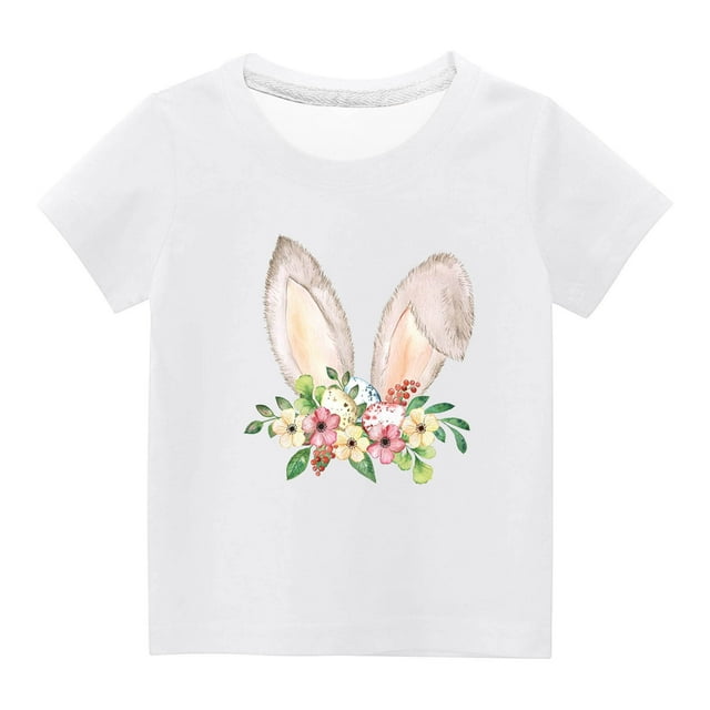 Penkiiy T-Shirts de Pâques pour Enfants Garçons Filles Mode Oreilles de Lapin de Pâques Imprimé Col Rond Manches Courtes 7 Ans Blanc