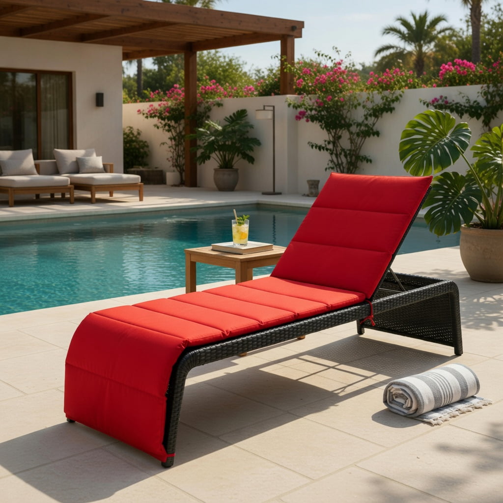 Hommoo Adjustable Outdoor Rattan Chaise Lounge Chair with Thick Cushion, PE Wicker Recliner for Patio, Pool & Garden, Red