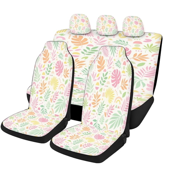 Classic Pastel Tropical Leaf Car Seat Covers Full Set, Universal Auto Seat Covers with Front Seat Covers, Rear Bench Cover and Headrest Covers for Cars SUVs Trucks Vans