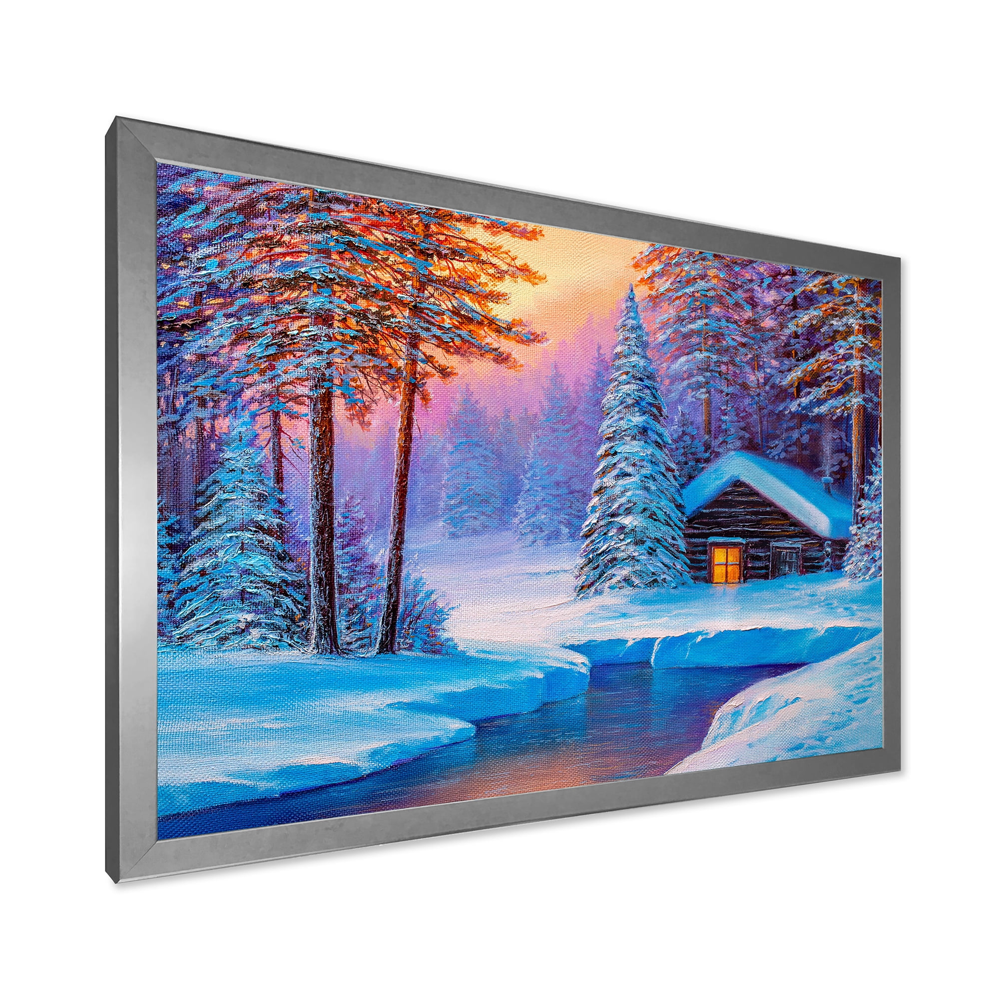 Designart 'Old Cabin In Winter Forest In Evening Glow I' Traditional Framed Art Print