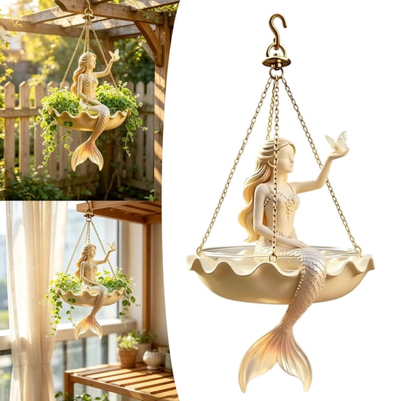 Dewshine Resin Hanging Planter with Ornament, Fairy Garden Hanging Flower Pot for Outdoor Balcony Patio Indoor Display Decor