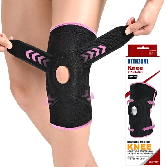 HLTHZONE Adjustable Knee Brace with Side Stabilizers for Running, Compression Knee Support for Meniscus Tear, Arthritis, ACL, LCL, Knee Pain Relief for Men & Women, L - Size(Black/Pink)