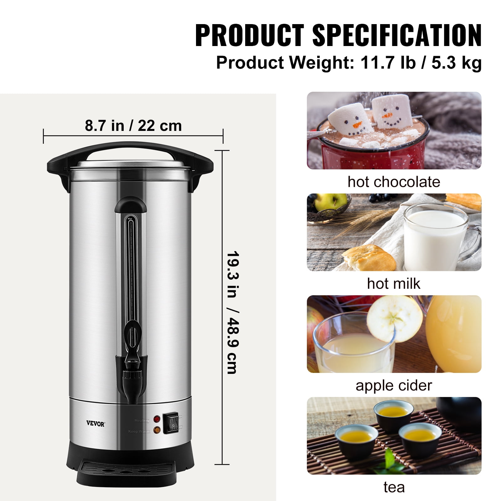 VEVOR Commercial Coffee Urn,110 Cups Stainless Steel Large Coffee Dispenser, 1500W 110V Electric Coffee Maker Urn For Quick Brewing,Hot Water Urn with Detachable Power Cord