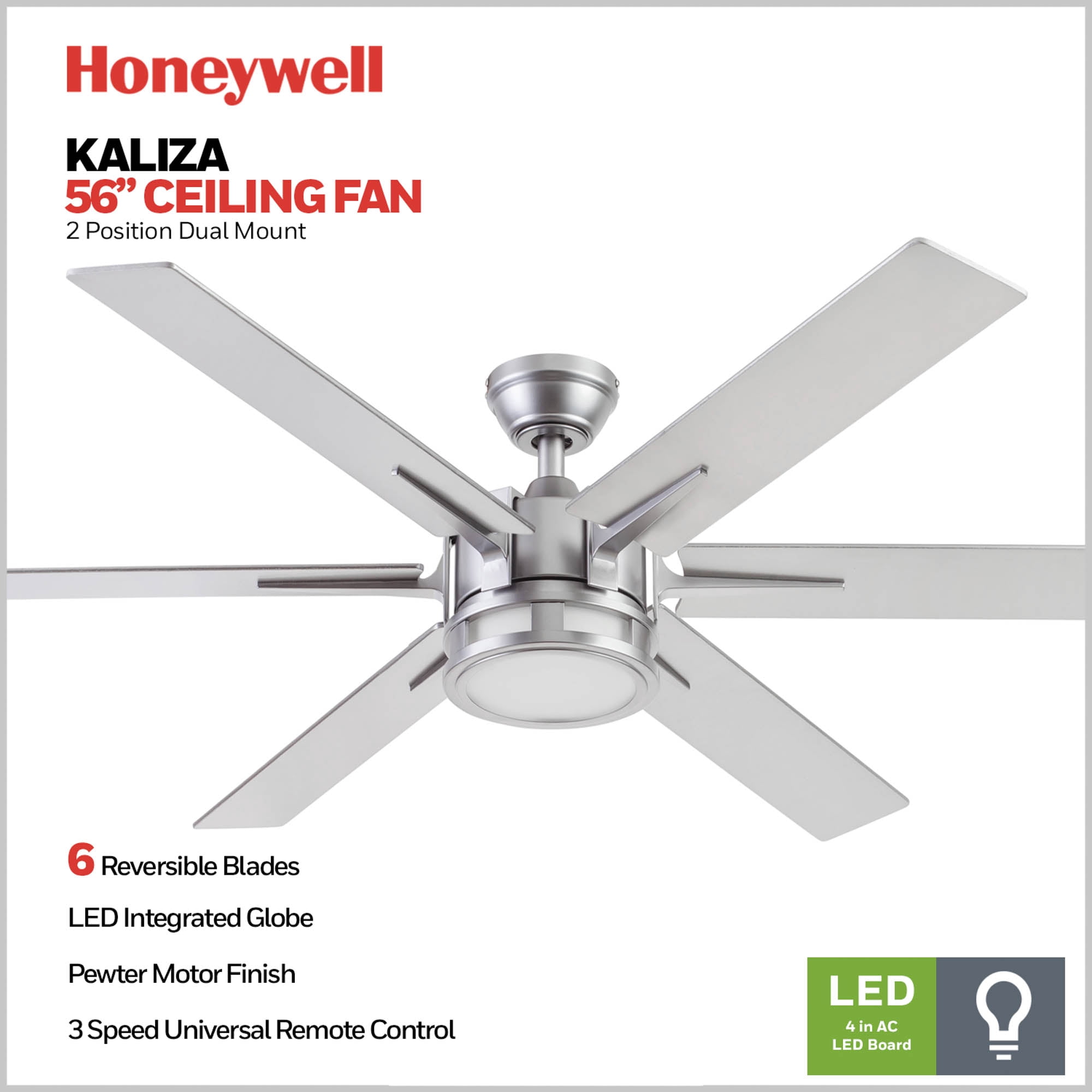 Honeywell Kaliza Ceiling Fan, Quiet Motor and Remote Control, 56", Matte Nickel