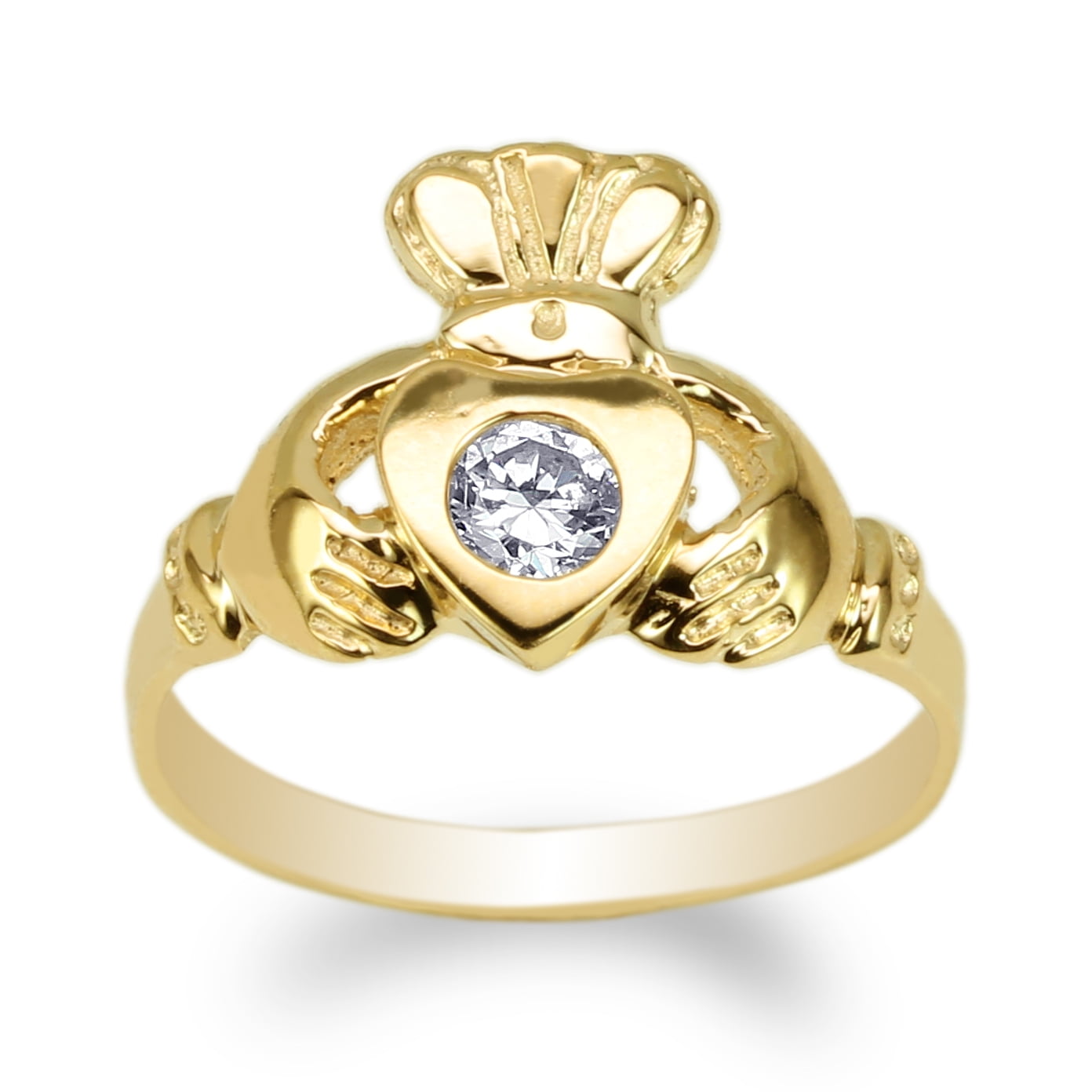 14K Yellow Gold Finish Celtic Heart Claddagh CZ Love Holding Hands Bridal Ring 