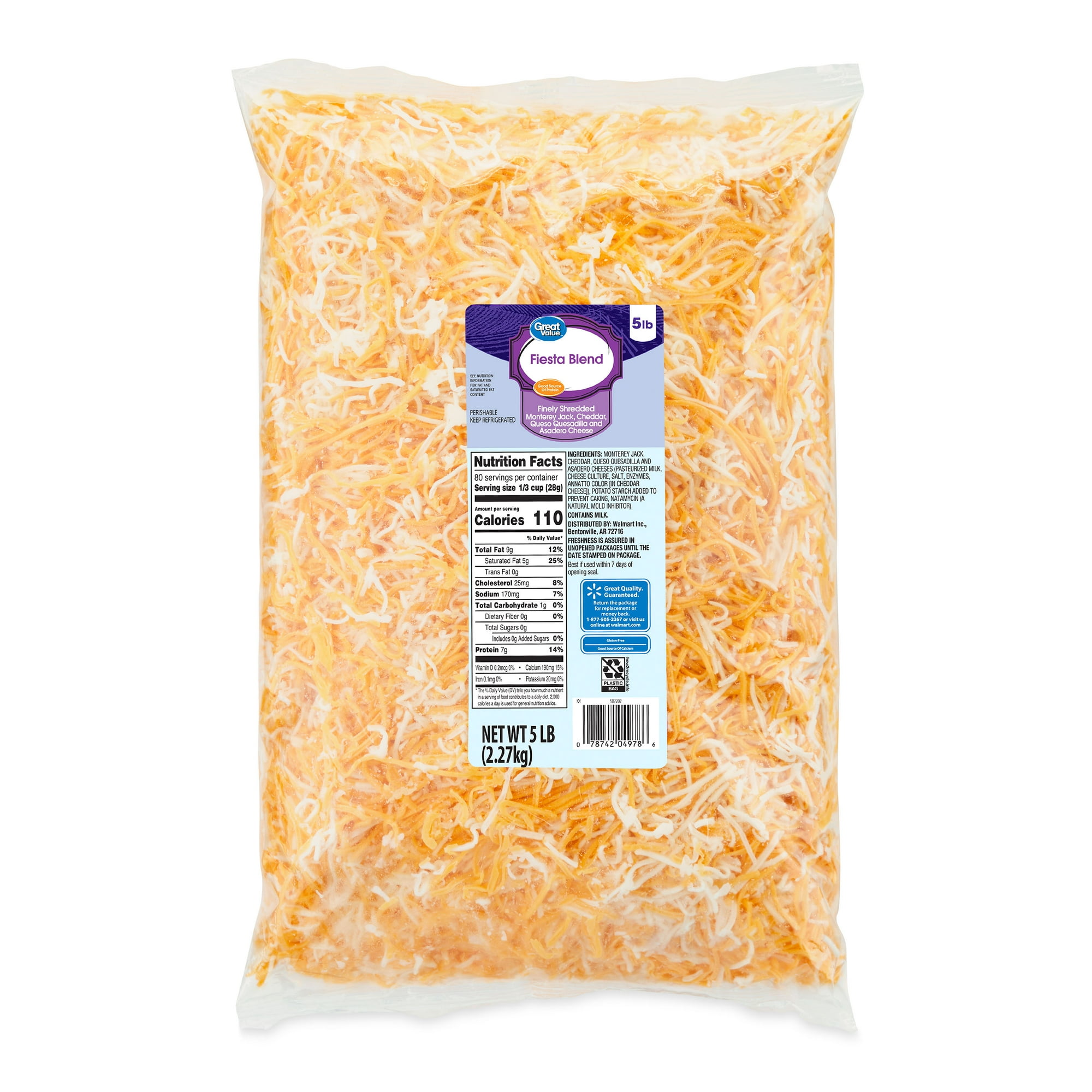 Great Value Fiesta Blend Finely Shredded Cheese, 5 Pound Bag