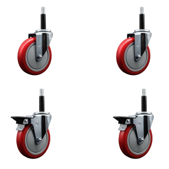 5 Inch Red Poly Wheel Swivel 3/4 Inch Expanding Stem Caster Set 2 Brakes SCC