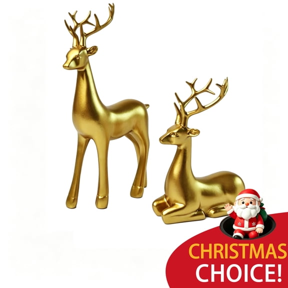 BellaNotes 2Pcs reindeer resin decorations, mother and child reindeer couple sculptures, for living room bookshelves, bedroom, and bar cabinet decoration, Christmas decoration (Gold Smooth)