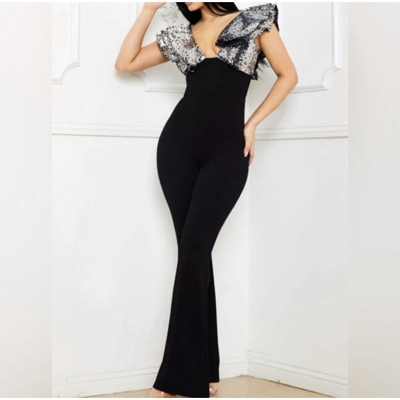 SEQUIN RUFFLE SLEEVE JUMPSUIT